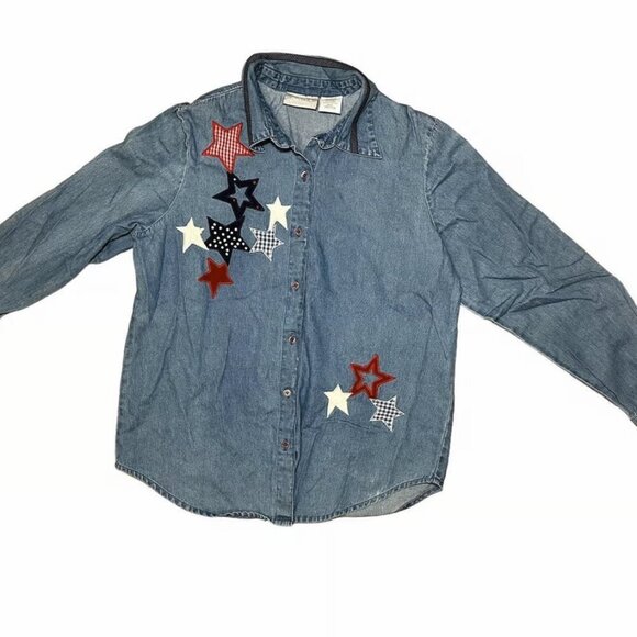 Blair Tops - Vintage Blair Women's Denim Shirt Appliqué Stars USA Flag - Size Medium​